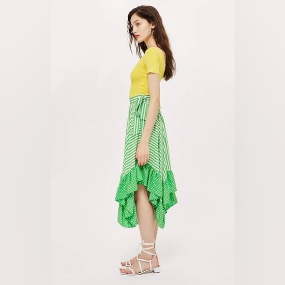 Topshop white and green polka dots and stripes asymmetrical ruffle midi skirt - Picture 3 of 10